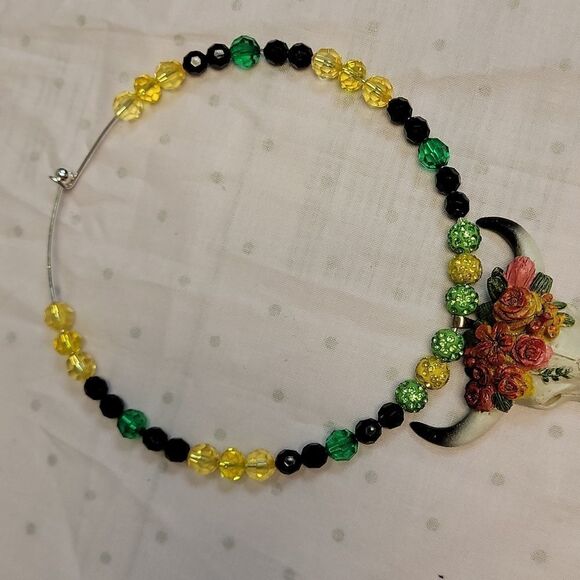 Handmade Beaded Necklace/Choker with Multi Colored Flowers on Cow Skull Pendant - Picture 8 of 8